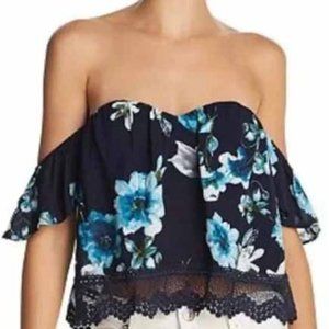 Cotton Candy LA Blue Floral Bustier Off Shoulder Crop Top w/ Crochet and Boning